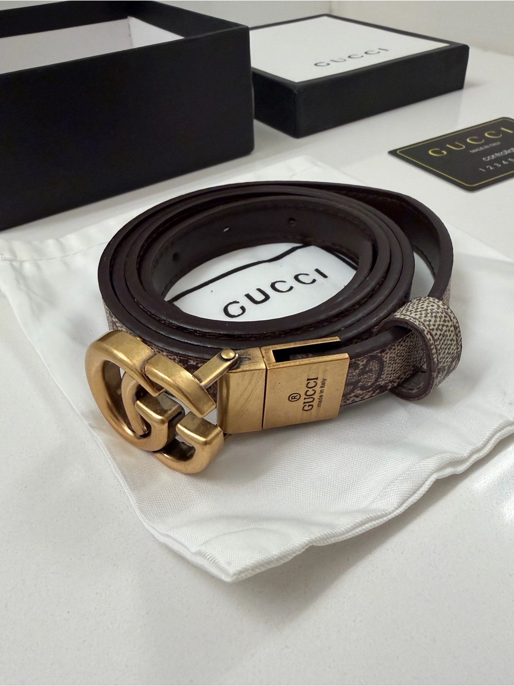 Gucci GG Monogram Reversible Belt with Interlocking G Gold Buckle